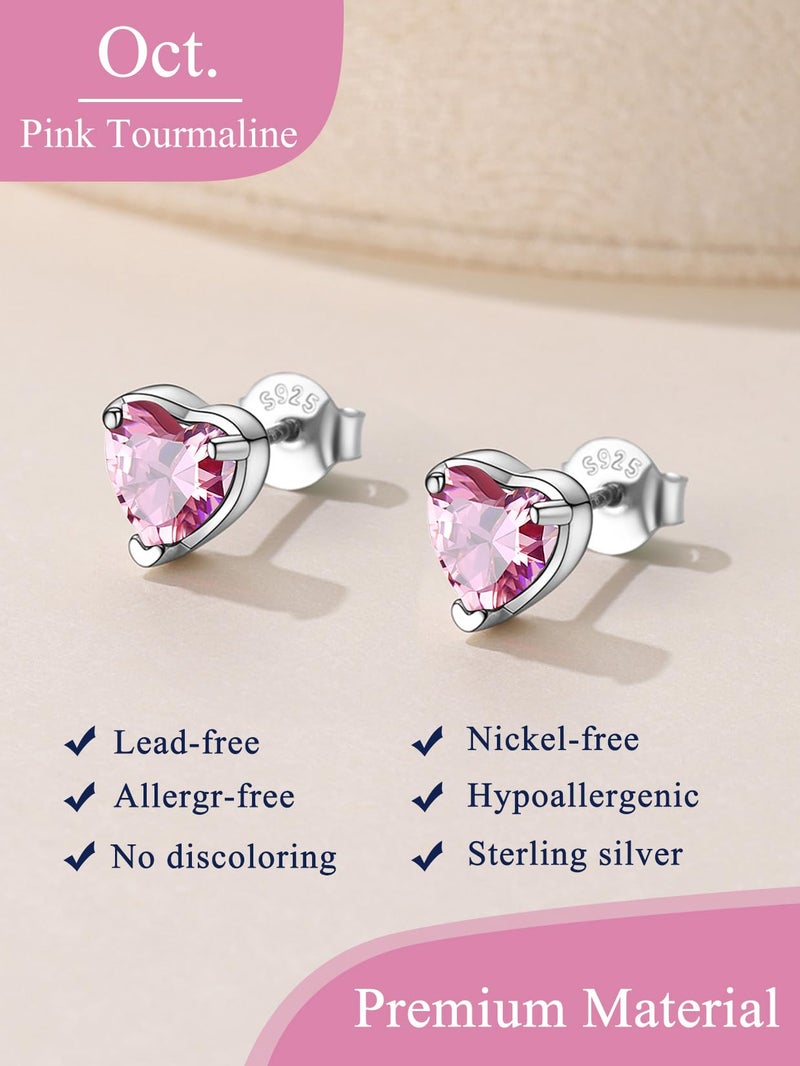 Suplight 925 Sterling Silver Pink Stud Earrings for Women, Hypoallergenic Earring for Sensitive Ear Screw Back Dainty Minimalist October Birthstone Heart Earrings - Image 4